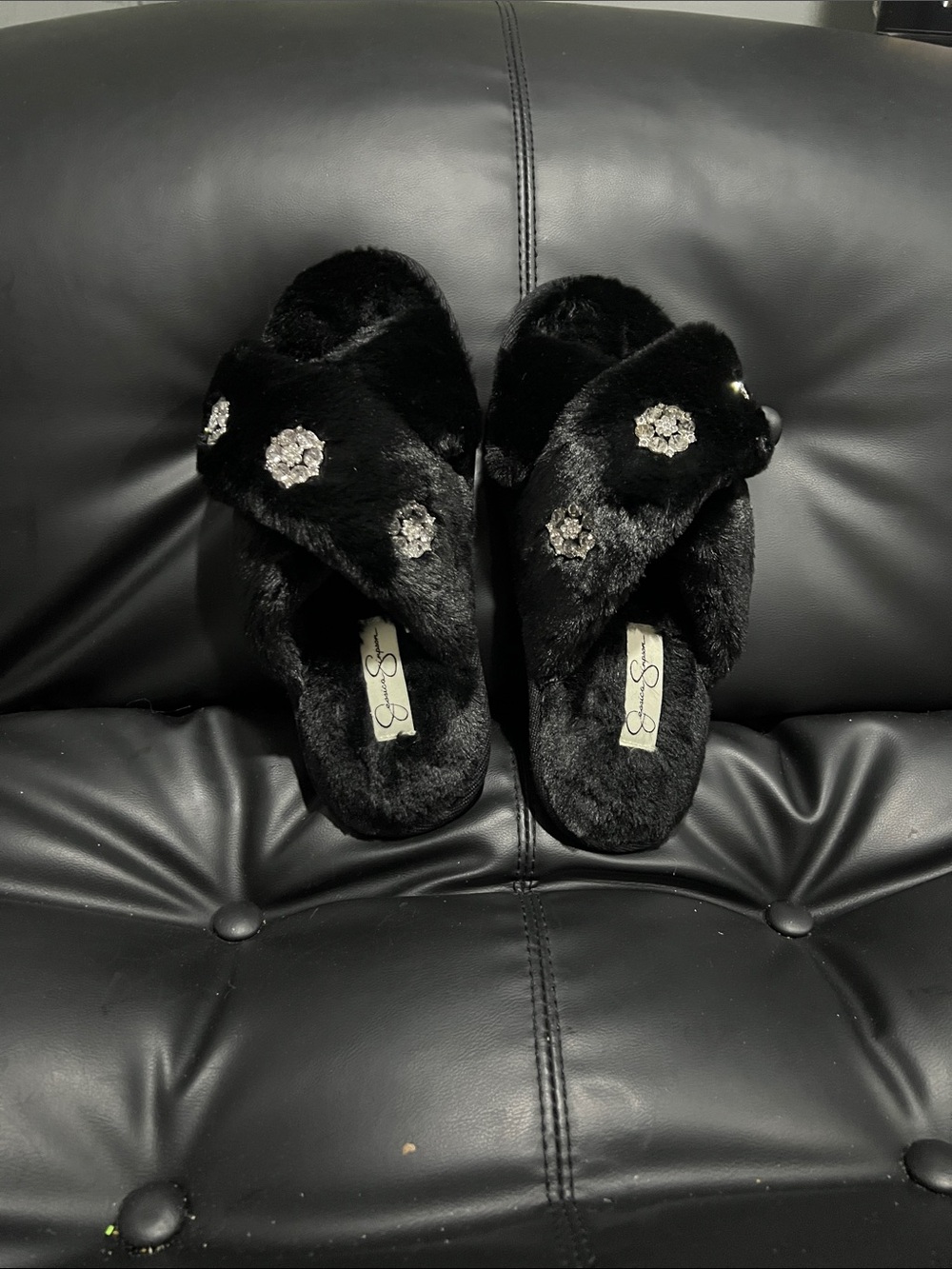 Jessica Simpson Black Faux Fur Crystal-Embellished Slide Slippers